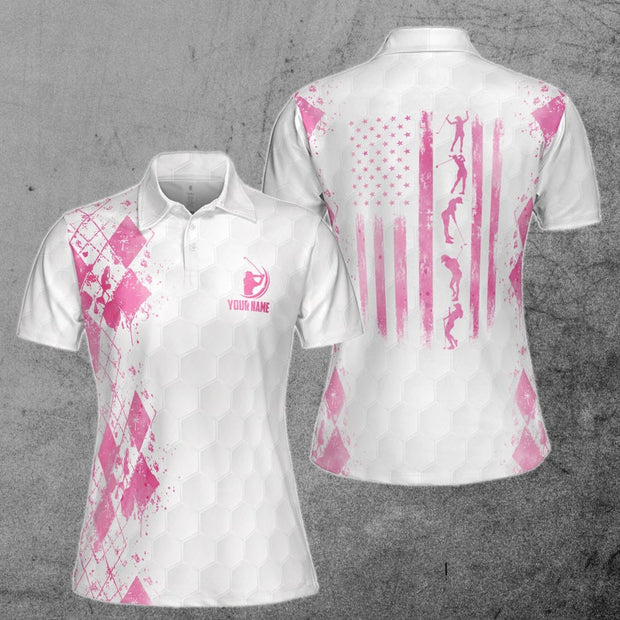Custom Name American Flag Golf Postures Pink Plaid - Personalized Women Polo