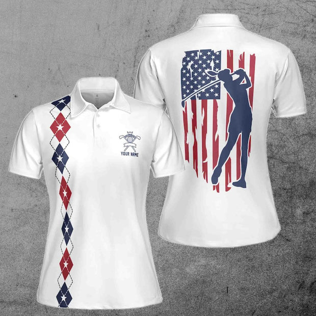 Custom Name American Flag Golf Pattern Argyle - Personalized Women Polo