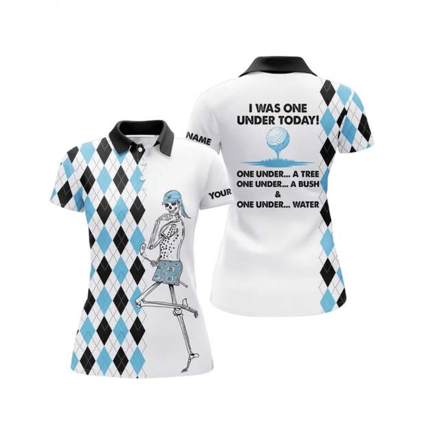 Custom Name I Was One Under Today Golf Skull Blue - Personalized Women Polo