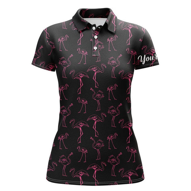 Custom Name Black Golf Neon Pink Flamingos Pattern - Personalized Women Polo