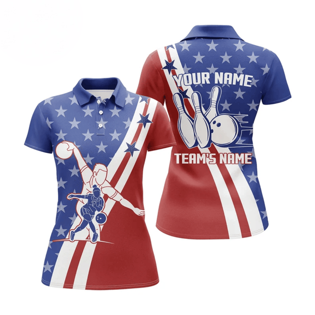 Custom Name And Team American Flag Patriotic Bowling - Personalized Women Polo