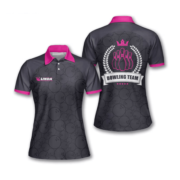 Custom Name And Team Bowling Ball Pattern Crown Emblem - Personalized Women Polo