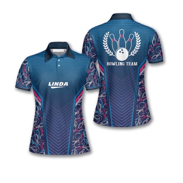 Custom Name And Team Blue Pattern Bowling - Personalized Women Polo