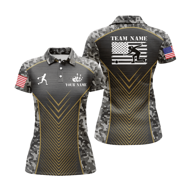Custom Name And Team Green Camo American Flag Bowling - Personalized Women Polo