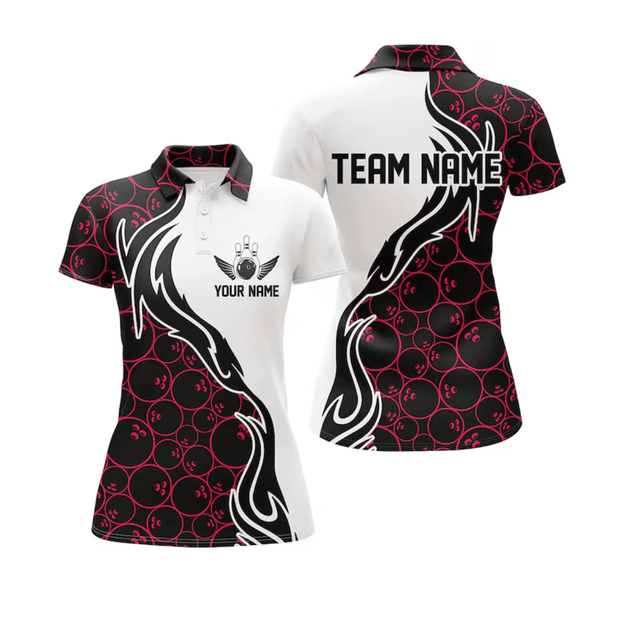 Custom Name And Team Multicolor Pattern Flame Bowling - Personalized Women Polo