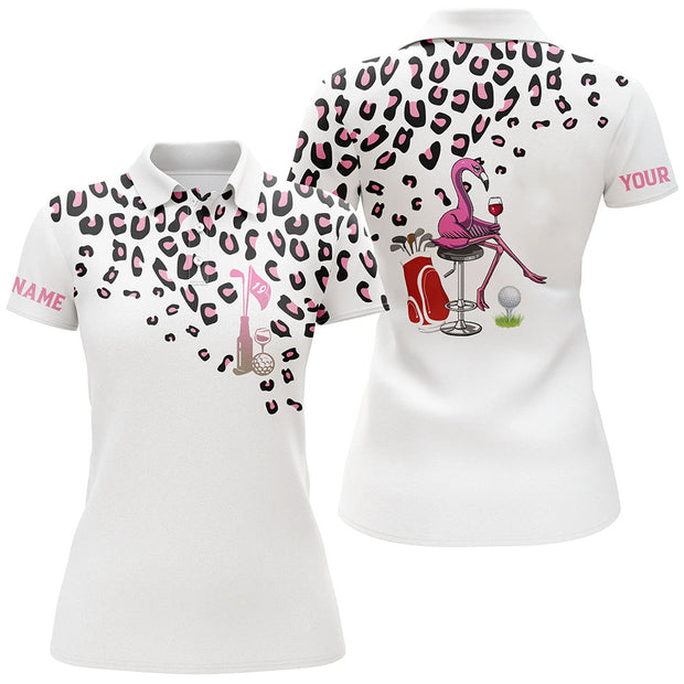 Custom Name Pink Leopard Flamingo Golf - Personalized Women Polo