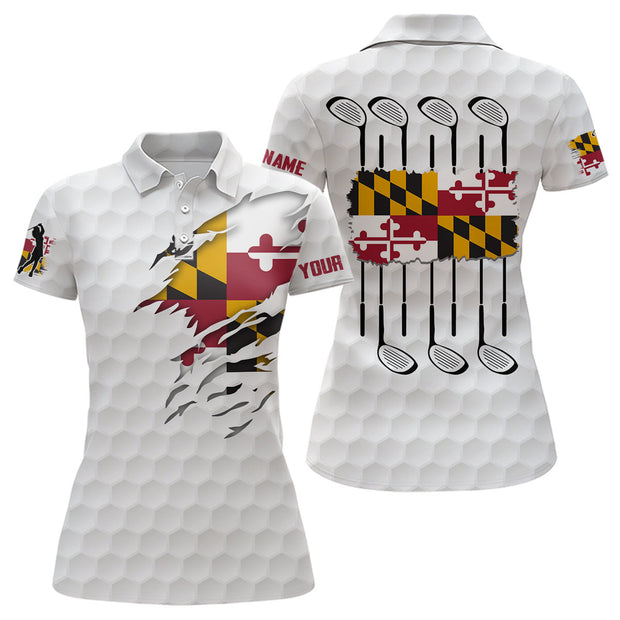 Custom Name Maryland Flag Golf Pattern White - Personalized Women Polo