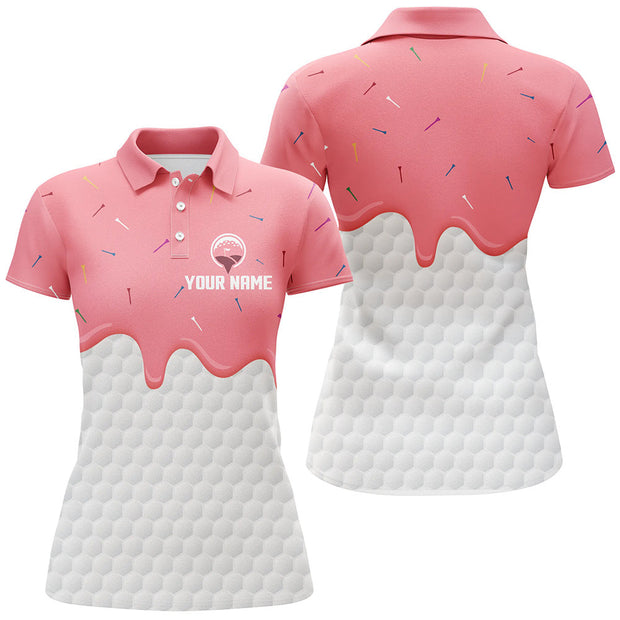 Custom Name Pink Ice Cream Melting On Golf Ball - Personalized Women Polo