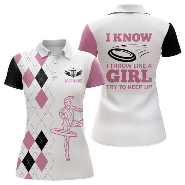 Custom Name Black Pink Argyle Pattern Disc Golf - Personalized Women Polo