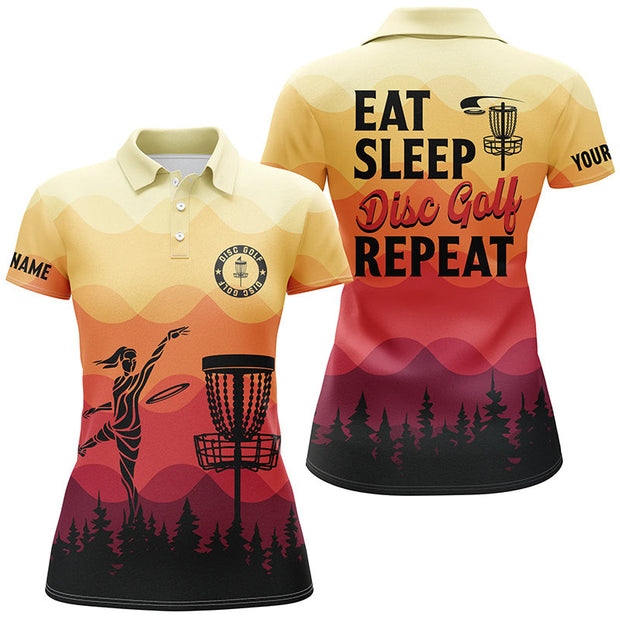 Custom Name Eat Sleep Disc Golf Repeat Sunset Pattern - Personalized Women Polo