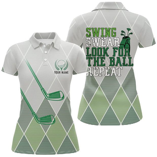 Custom Name Swing Swear Look For The Ball Repeat Green Geometric Golf - Personalized Women Polo