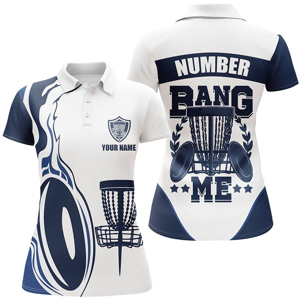 Custom Name And Number Bang Me Disc Golf Navy And White - Personalized Women Polo