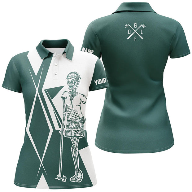 Custom Name Skull Team Golf Green And White Argyle - Personalized Women Polo