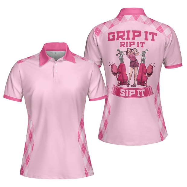 Grip It Rip It Sip It Golf Pink Argyle - Women Polo