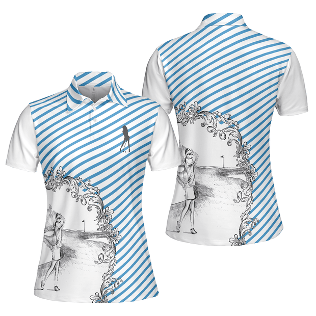 Blue Striped And Sketching Golf Girl - Women Polo