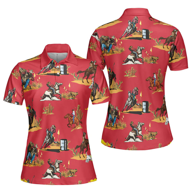Red Texas Cowboy Rodeo Seamless Pattern - Women Polo