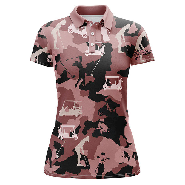 Custom Name Black And Pink Golf Camo - Personalized Women Polo