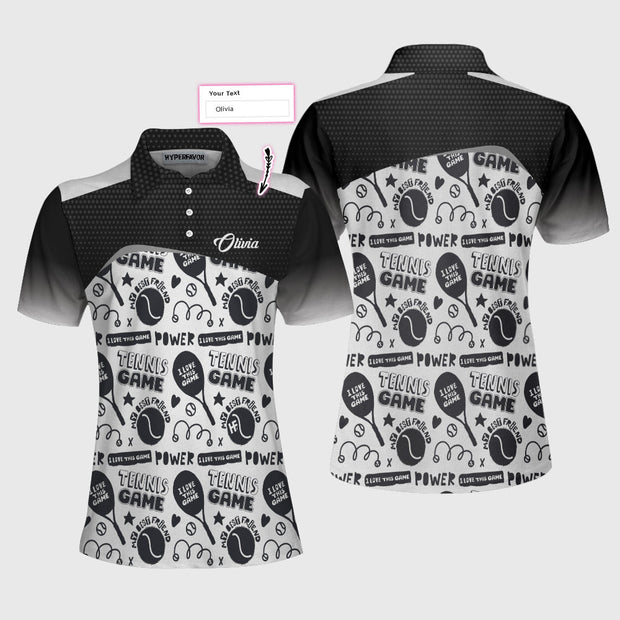 Custom Name Black And White I Love Tennis Game - Personalized Women Polo