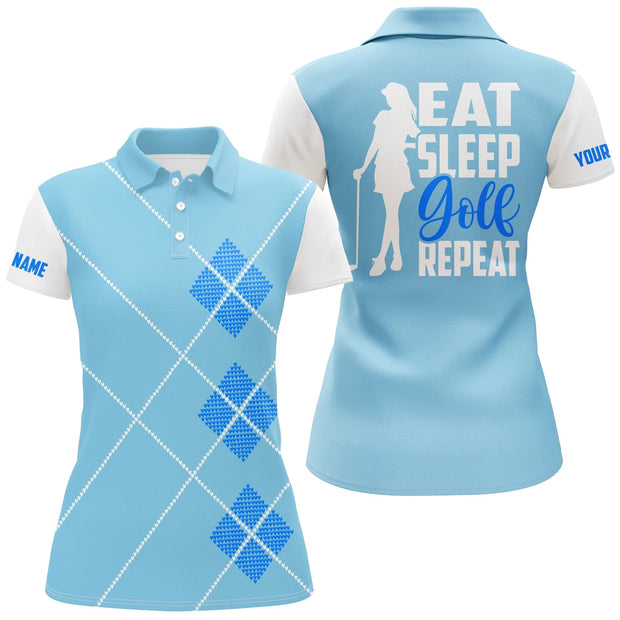 Custom Name Eat Sleep Golf Repeat Argyle Pattern - Personalized Women Polo