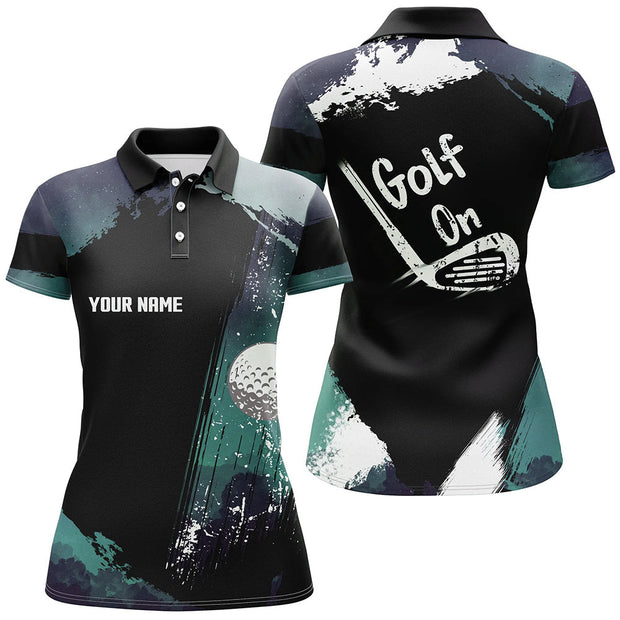 Custom Name Watercolor Dark Green Golf Pattern - Personalized Women Polo