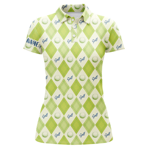Custom Name Golf Pattern With Balls Green Argyle - Personalized Women Polo