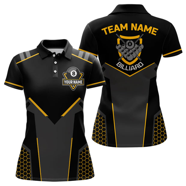 Custom Name And Team Black Yellow 8 Ball Billiard - Personalized Women Polo