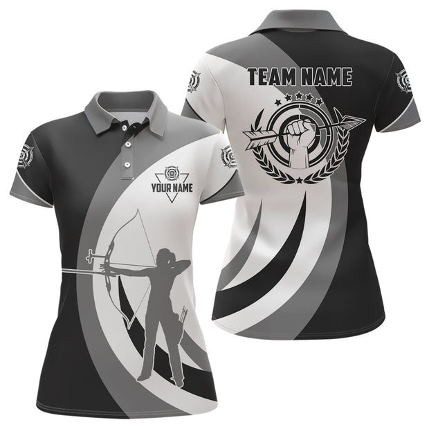 Custom Name And Team Grey Black Silhouette Player Archery Jerseys - Personalized Women Polo