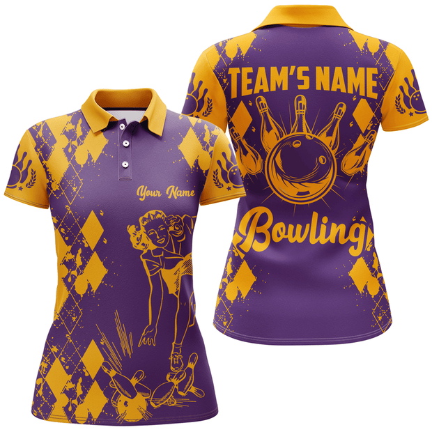 Custom Name And Team Funny Bowling Orange And Purple - Personalized Women Polo
