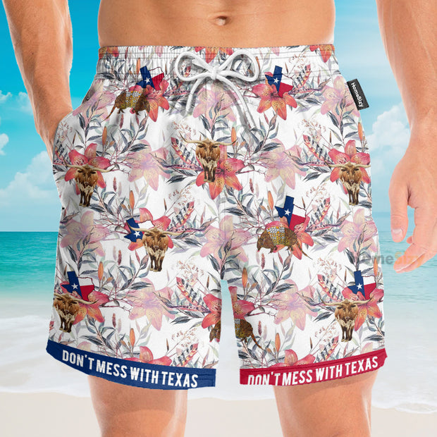 Don't Mess With Texas State Longhorn Bluebonnet And Armadillo - Beach Shorts