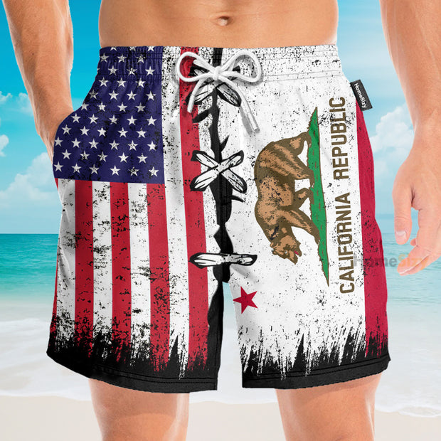 California x American Flag Pattern - Beach Shorts
