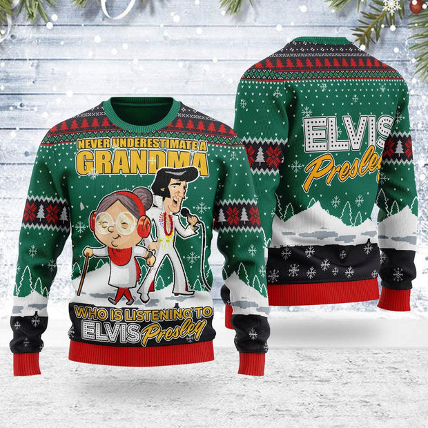 Elvis With Grandma Christmas Ugly Sweater CSELV055