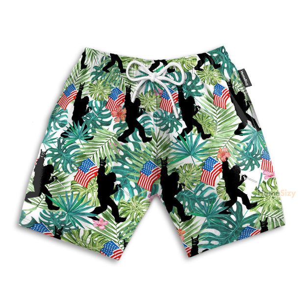 Bigfoot Tropical Hold USA Flag - Beach Shorts QT4080502