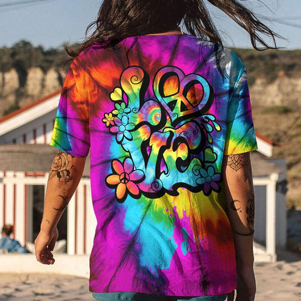 Hippie Retro Tie-Dye LOVE - Hippie Peace Sign & Flower Power 70s - Tshirt, V-Neck Tshirt
