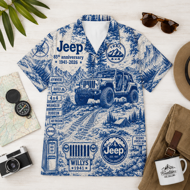 Jeep 85th Anniversary Offroad Vintage Blue Hawaiian Shirt - Personalized Hawaiian Shirt - Gift For Off-Road Lovers