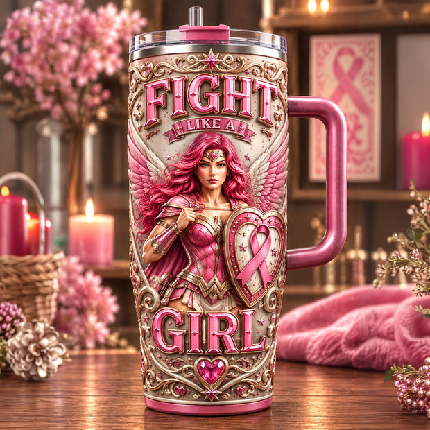 Strong Pink Woman Custom Name Gift For Cancer Awareness - Personalized Tumbler With Handle