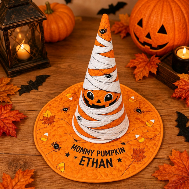 Mommy Pumpkin - Personalized Quilted Witch Hat -  Halloween Gift For Kids