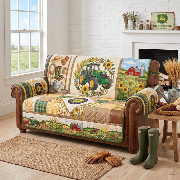Green Farm Tractor Quilted Sofa Cover - Personalized Quilted Sofa Cover - Gifts For Tractor Lovers, Farmers