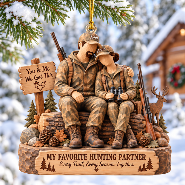 Hunting Partner Wood Effect Ornament - Personalized Wood Ornament - Gifts For Hunting Couple