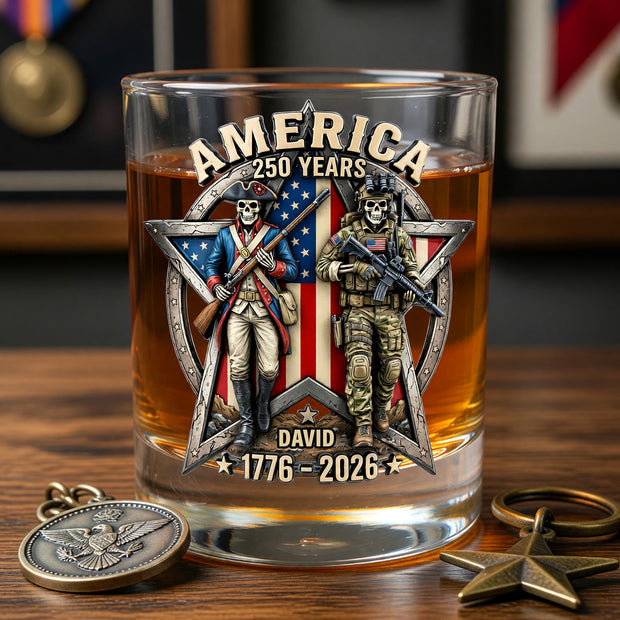 Fierce American Veteran Celebrated America 250th Anniversary  - Personalized Whiskey Glass - Gift For Veterans