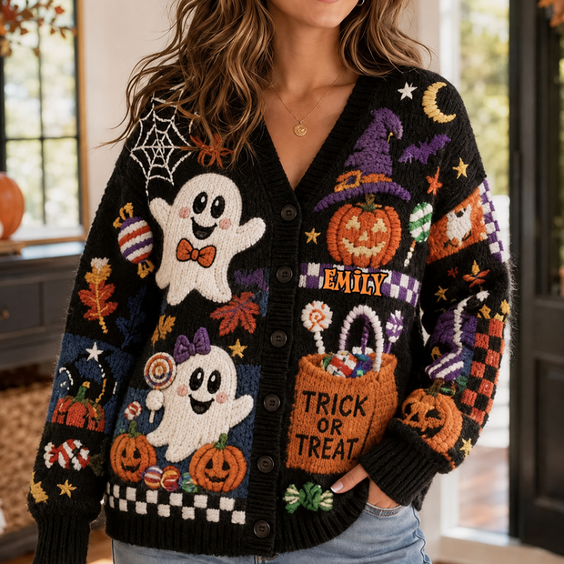 Ghost Pumpkin Trick Or Treat - Personalized Cardigan - Gift For Her