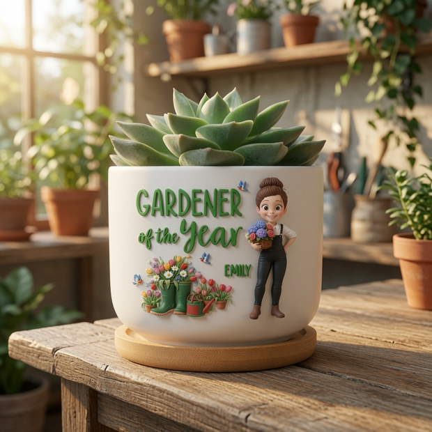 Born To Shine With Garden - Personalized Ceramic Plant Pot with Bamboo Tray - Home Dcor Gift For Garden Lovers