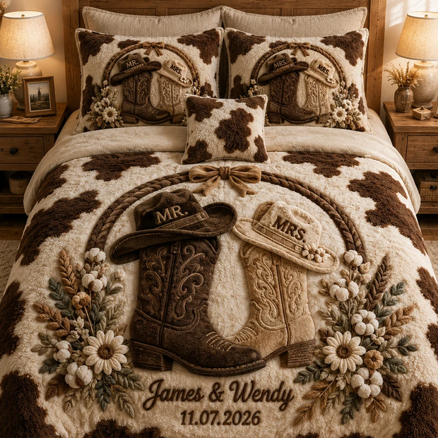 Western Couple Bedding Set Gift For Couple - Personalized Quilted Bedding Set
