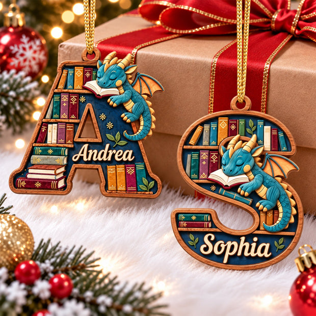 Initial Letter Alphabet Book Dragon Custom Name Christmas Gifts For Book Lovers - Personalized Wooden Ornament