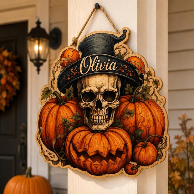 Skull Halloween - Personalized Wood Sign - Halloween Gift For Family