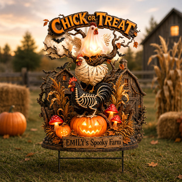 Spooky Farm Halloween Chick - Personalized Metal Stake Garden - Halloween Gift For Farmers