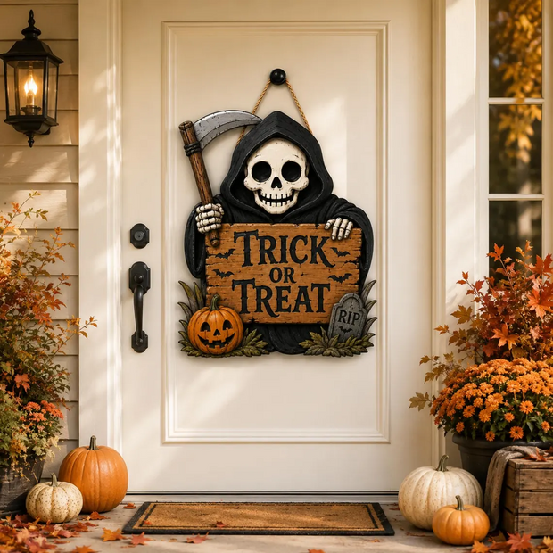 Trick or Treat Wooden Door Hanger Wood Sign - Gift For Halloween