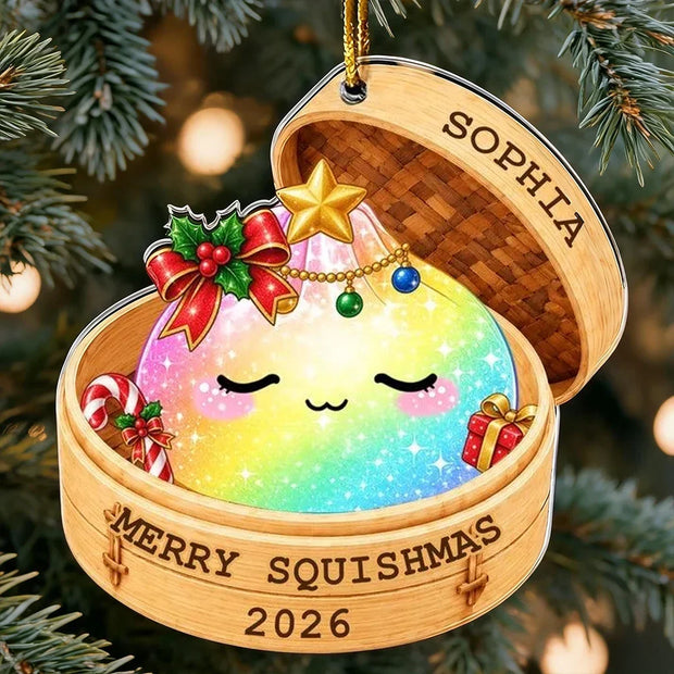 Merry Squishmas Rainbow Dumpling in Bamboo Steamer, Unique Christmas Gift for Family, Kids - Personalized Acrylic Ornament