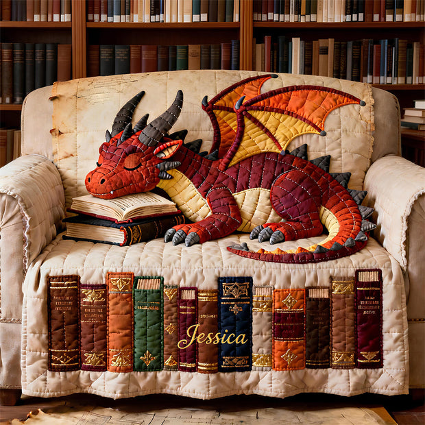 Fantasy Dragon Reading - Personalized Quilted Sofa Cover - Gift For Readers