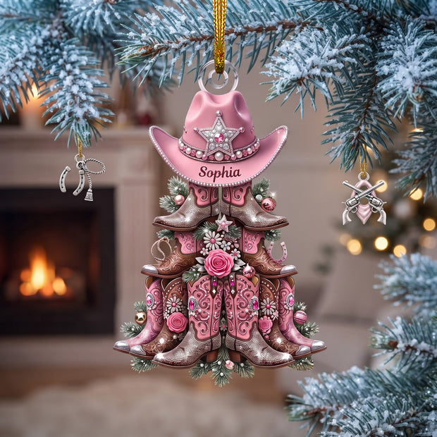 Shimmering Cowgirl Boots Christmas Tree Ornament -  Personalize Acrylic Ornament - Gifts For Christma