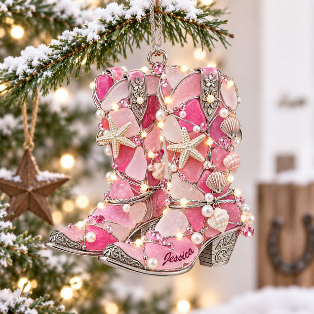 Custom Name Pink Cowgirl Boots Western Christmas Gift For Cowboys & Cowgirls  - Personalized Acrylic Ornament